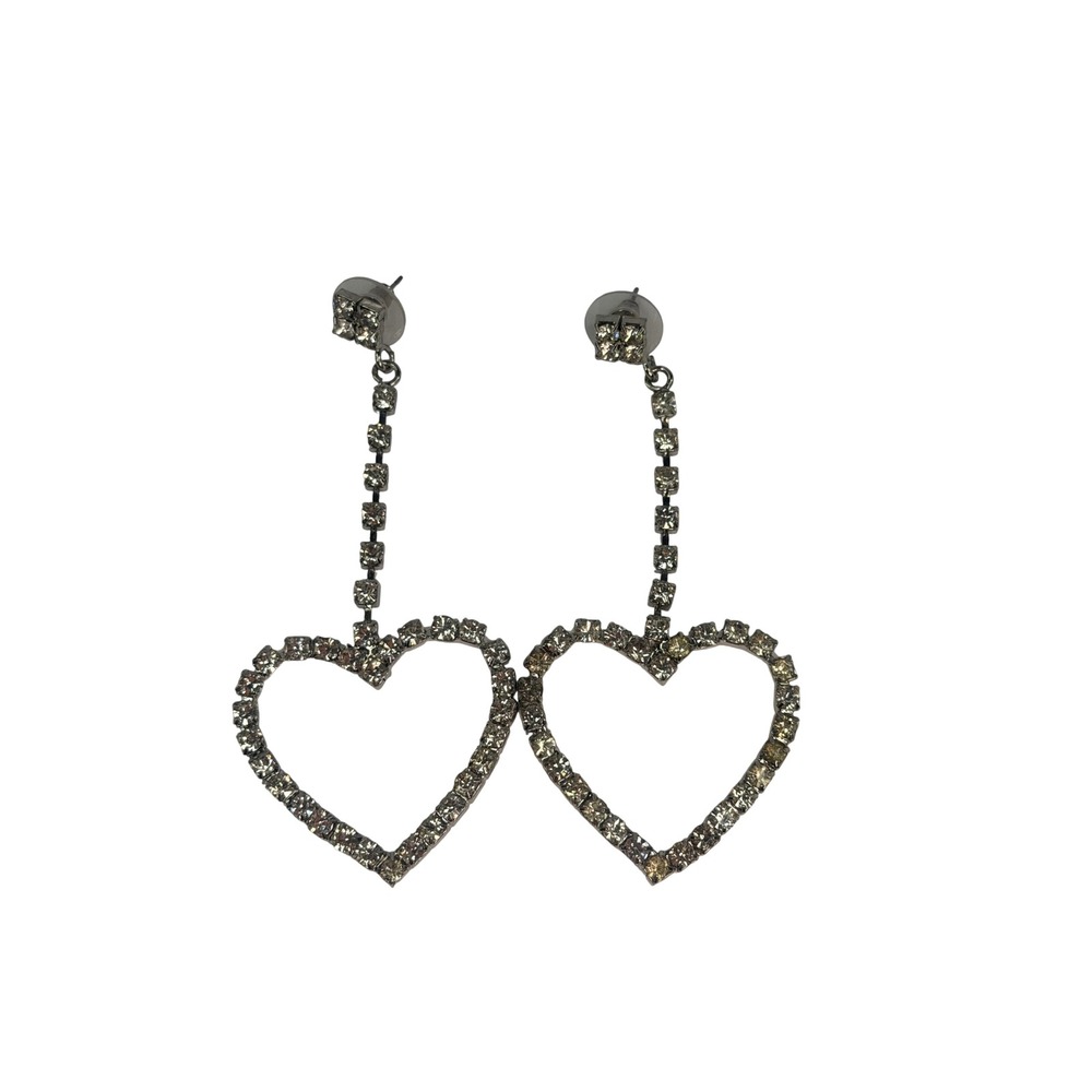 Silver Tone Rhinestone Heart Dangle Drop Earrings Statement Long Post Back